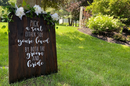 Sign saying Pick as seat on either side. You're loved by both the bride and groom.